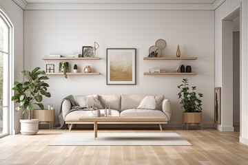 Interior of a light living room with a sofa, coffee table, and plant. hardwood flooring, built in wall shelf with art décor. mockup of a white, empty wall. Generative AI