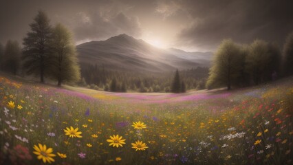 Flower meadow, landscape, illustration