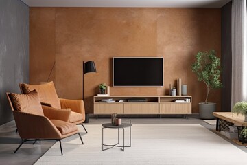 Modern living room with cabinet, brown leather couch and armchair, coffee table, floor lamp, and fur rug. TV on the green concrete wall. Generative AI - obrazy, fototapety, plakaty