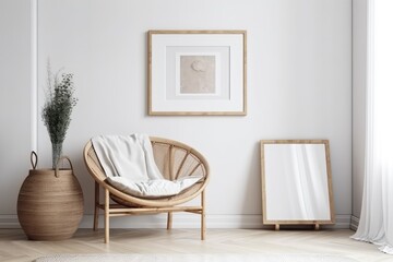 A modern living area with a white wall and an empty picture frame. Boho inspired, Scandinavian interior design mockup. Copy space that is free for your image Rattan armchair and wooden console