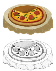 cartoon scene with pizza food  for dinner on the table illustration for children