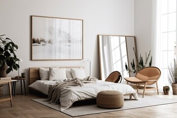 On a white wall in the bedroom, a blank horizontal picture frame. a mock up poster frame in a contemporary setting. Copy area that is free for your design a bed, a rattan chair, and a fireplace