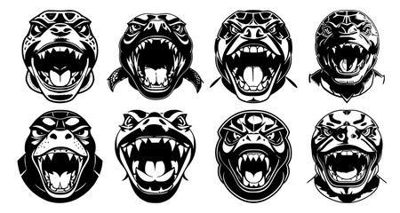 Set of turtle heads with open mouth, with different angry expressions of the muzzle. Symbols for tattoo, emblem or logo, isolated on a white background.