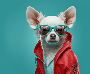 Ai generated image of a white chihuahua wearing a leather jacket on an isolated background