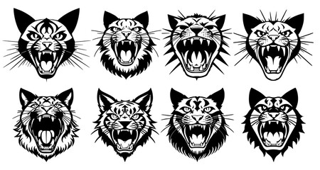 Set of cat heads with open mouth and bared fangs, with different angry expressions of the muzzle. Symbols for tattoo, emblem or logo, isolated on a white background.