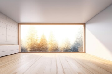Interior room with white walls, a ceiling with windows, and a wooden floor. Front image of a minimalist modern mockup with a long lower cabinet made of natural wood. Warm brightness from the sun. illu