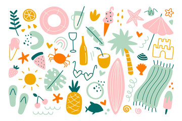 Abstract summer elements flat illustrations.Shapes of crab, fishes, cocktail drinks, tropical leaf, fruits and ice cream