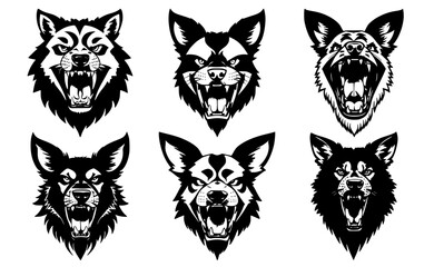 Obraz premium Set of dog heads with open mouth and bared fangs, with different angry expressions of the muzzle. Symbols for tattoo, emblem or logo, isolated on a white background.