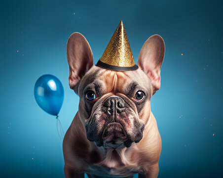 Ai generated image of a french bulldog wearing a birthday hat on an isolated background