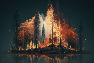 Fire in forest .Wildfire landscape, wildland. Natural ecology disaster. Burning trees and blaze wood at night. Flaming woodland.Generative AI