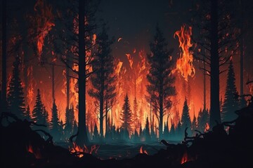 Fire in forest .Wildfire landscape, wildland. Natural ecology disaster. Burning trees and blaze wood at night. Flaming woodland.Generative AI