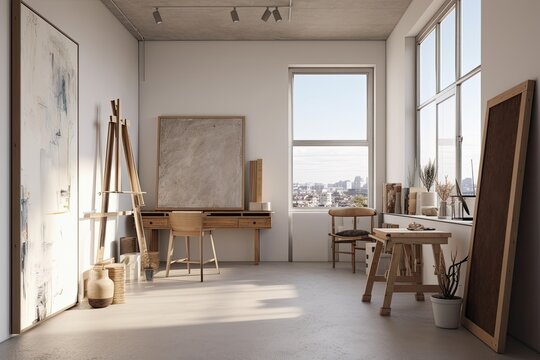A minimalist art studio with panoramic windows and a city view has canvas gallery posters above a brown drawer with a vase and books. There are no humans in the studio. Generative AI