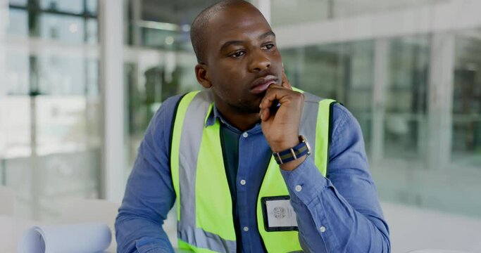 Architect problem, construction worker and man sad about real estate development or property project fail. Architecture engineering, mental health and depressed African person thinking of mistake