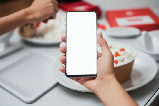 A hand with a phone on a white screen over food, order, delivery via the Internet, Generative AI.