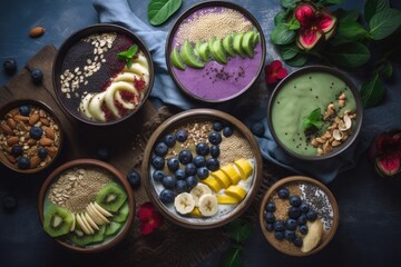 Fototapeta na wymiar Plantbased Smoothie Bowl topped with fresh fruit, nuts and seeds- Generative AI