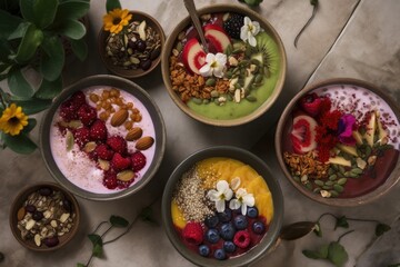 Vegan smoothie bowl topped with fresh fruit, nuts and seeds - Generative AI