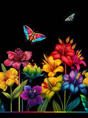 Colorful exotic flowers and butterflies separated on a black background. Seamless vector illustration.