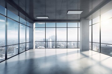 A vacant office has a large window. the city. fresh workplace design idea. Generative AI