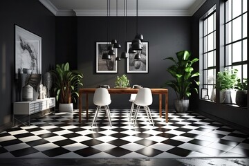 White floor with a black and white checkered carpet and a gallery on a dark wall make up the dining room. Generative AI