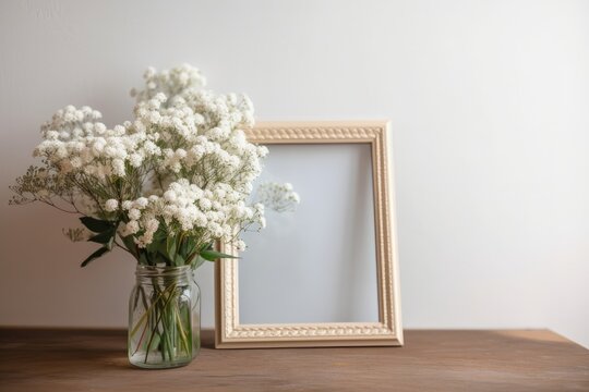 Get a white flowers in a frame mock up card. text copyspace that is empty. Generative AI