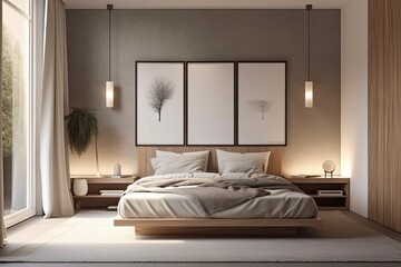 A modern home's master bedroom's corner. Large double bed, window, and two floor lamps are all present. On the wall, there are three posters. a mockup Toned picture. Generative AI