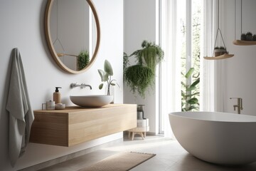 Fototapeta premium A narrow vertical horizontal mirror hangs above the white bathroom sink, which is situated in a corner of the room decorated in Scandinavian design. a mockup. Generative AI
