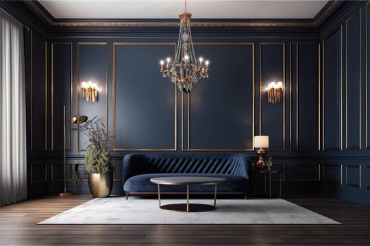 Scene in a living room or reception hall with dark, rich colors. blue and cocoa brown together. Blank white wall with a beige backdrop and a dark navy couch. opulence or art deco design. Generative AI