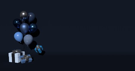 Blue Balloons and Gifts and Presents, Celebration, Card, Blue Birthday card, Birthday party, 3D render, Blue Background  © Lariya