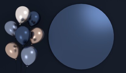 Birthday dark Blue background with balloons and a circle for text.	
