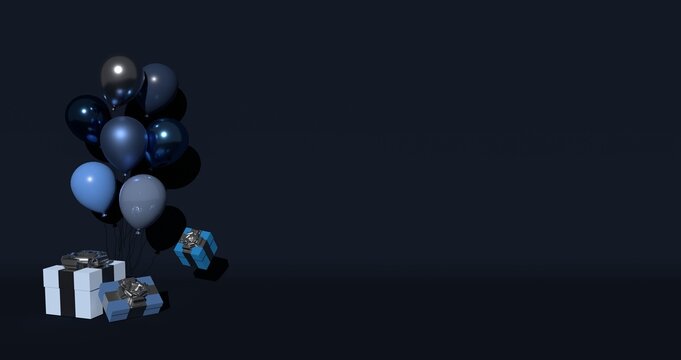 Blue Balloons and Gifts and Presents, Celebration, Card, Blue Birthday card, Birthday party, 3D render, Blue Background	