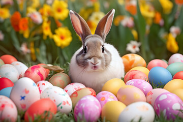 Easter bunny surrounded by colorful eggs in a flower field (AI generative)