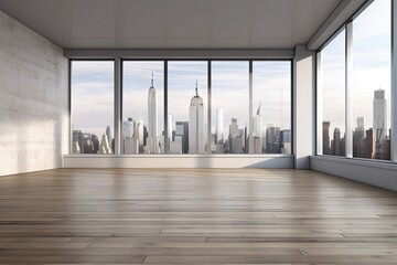 An empty room with gray walls, a wooden floor, and large windows that look out into a contemporary cityscape. Generative AI