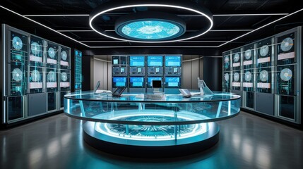 Interior of a futuristic news TV set. Generative AI illustration.