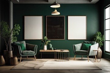 Fototapeta premium Interior of a dark living room with two empty white posters on a green wall, a sofa and armchairs on a concrete floor, a coffee table, and a carpet. idea for a welcoming meeting spot. a mockup