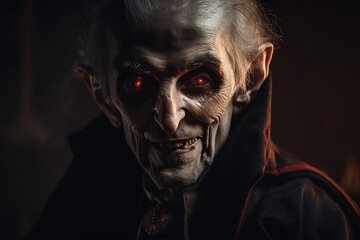 portrait of old vampire Count Dracula in blood. Generative AI illustration