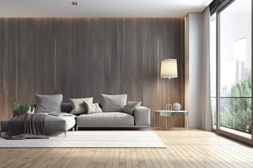 Interior of a wooden floored, gray living room with big windows and a plush gray sofa. A gray wall with a vertical poster on it. a mockup. Generative AI