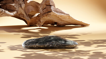 Background for branding and product presentation. Cosmetic on rock with a beautiful wood and shadows. Packcage mockup