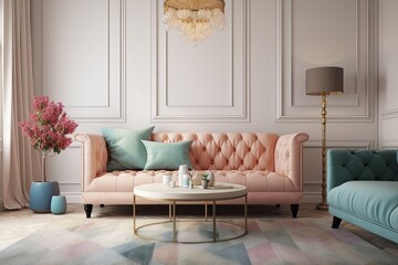 one traditional sofa design in the living room. minimalist design idea style of pastel colors. Generative AI
