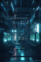 Network Server Room with Blue Neon