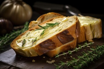 Slices of crusty bread with herbs - Generative AI