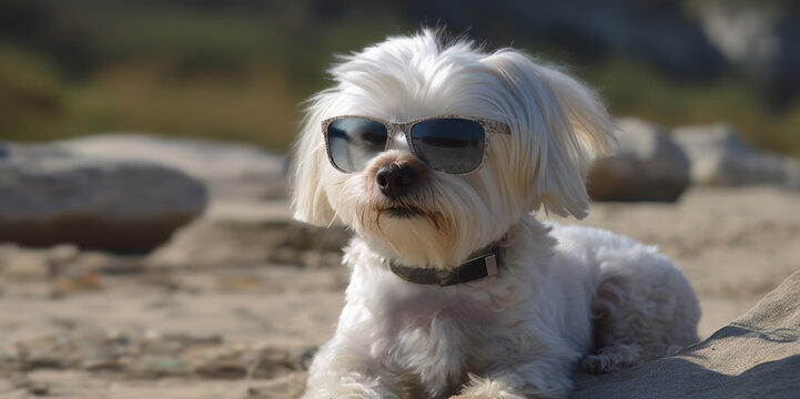Dog on the beach fabulous white Maltese on the beach wearing shades.  Image created with generative ai