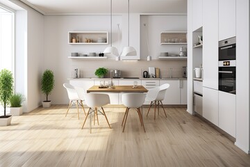 Fototapeta premium White walls, a wooden floor, counters with built in appliances, and a table and chairs can all be found in a loft kitchen. a mockup. Generative AI