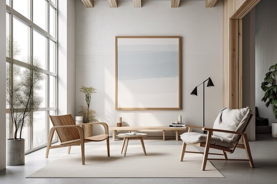 Interior of a minimalist living room with a coffee table, a black armchair, a concrete floor, and a wooden wall. A poster in a picture window. a mockup. Generative AI