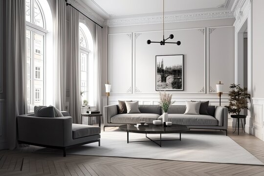 Design of a contemporary classic living room with mockup poster. Generative AI