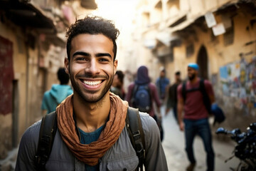young happy man is tourist with a backpack, in a side street with bright sunny good weather, tourism and travel or backpacker, fictional place and person. Generative AI - obrazy, fototapety, plakaty