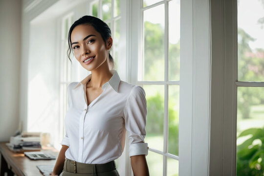 young multiethnic slim woman in white shirt at big window in daylight, at home or in office overlooking a garden, contentment and appearing more self. Generative AI