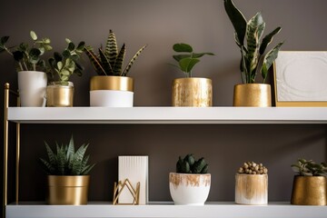 Golden potted plants on a shelf. Copy space. Generative AI