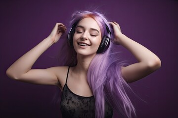 Woman Dancing with Headphones on a Purple Background with Space for Copy (Generative AI)