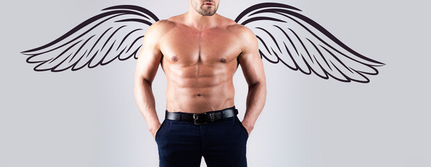 Photo banner of sexy man angel with wings for valentines day. Athletic guy flexing muscles....