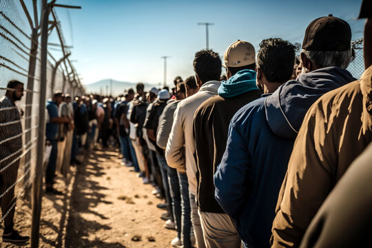 abstract, endless queue of refugees along a high border fence, fictitious place and people. Generative AI